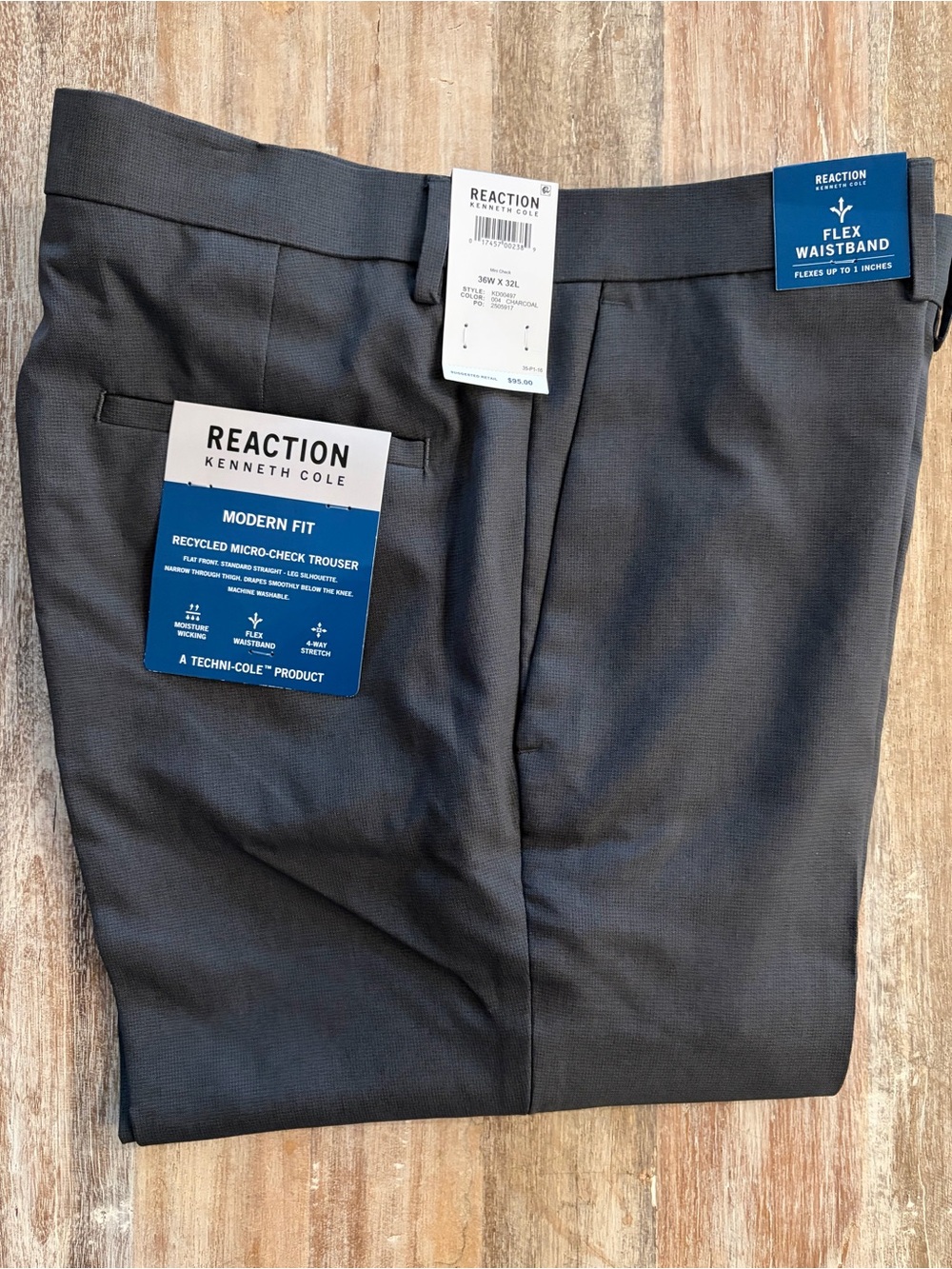 Kenneth Cole Reaction Modern Fit Dress Pants 36X32 Charcoal Stretch Trousers NWT - Picture 13 of 13